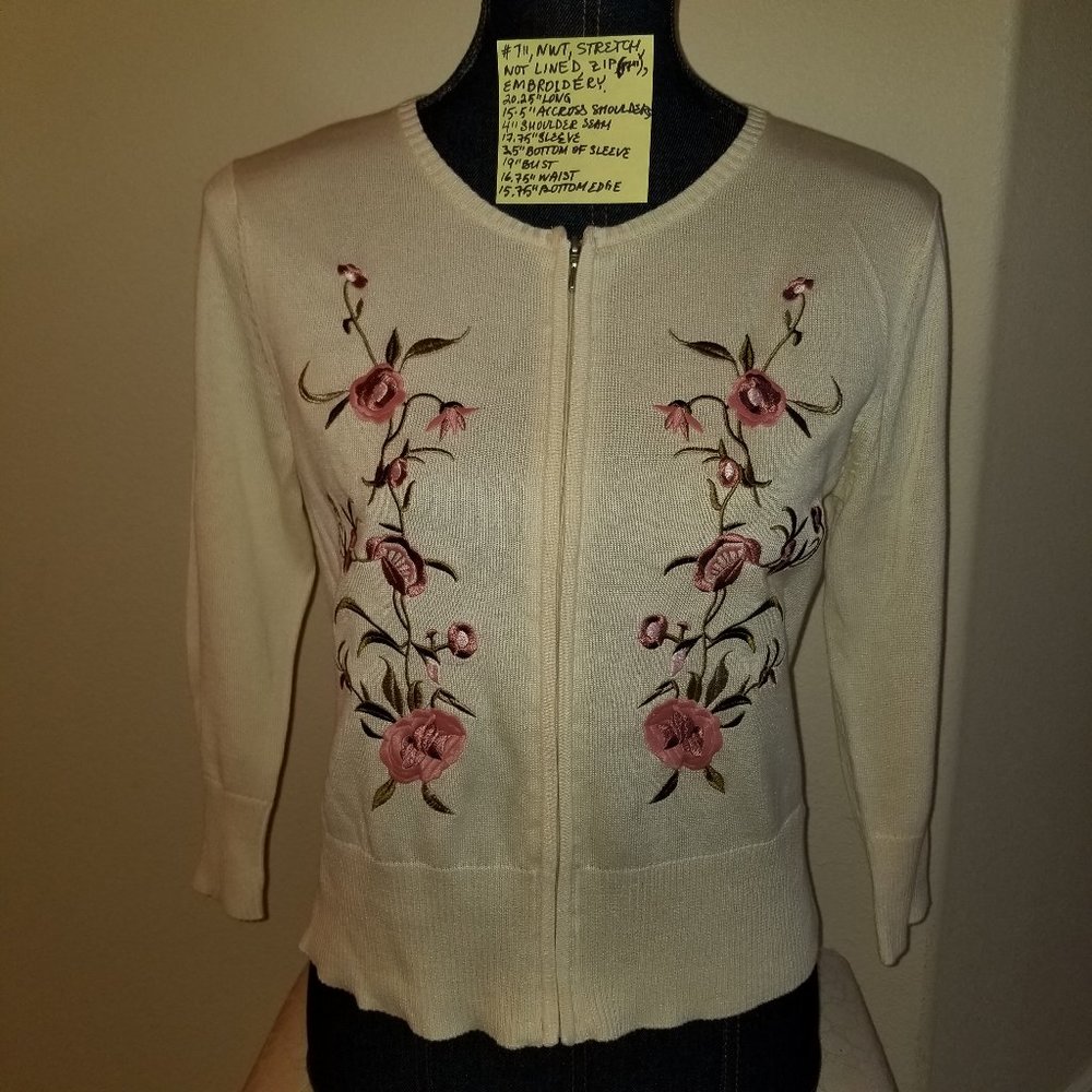 ✅NWT Feminine Rena Rowan Silk Embroidered Stretch Knit Front Zipper Cardigan PS